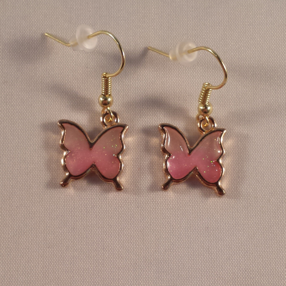 Gold Pink Butterfly Drop Dangle Earrings New Mystical Pink Hypoallergenic Hooks